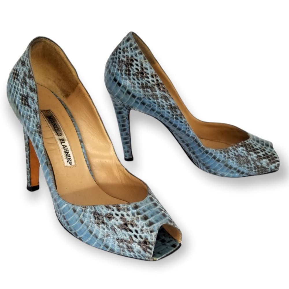 MANOLO BLAHNIK Real Snakeskin Peep-toe Pumps, 4" Heels, Blue, EUR Size 38